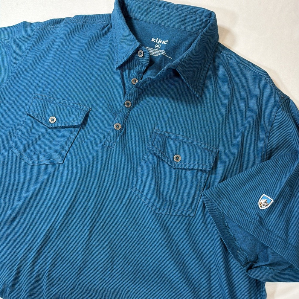 Kuhl Razr Short Sleeve Polo Outdoor Hiking Shirt Men Sz‎ XL Teal Blue Striped